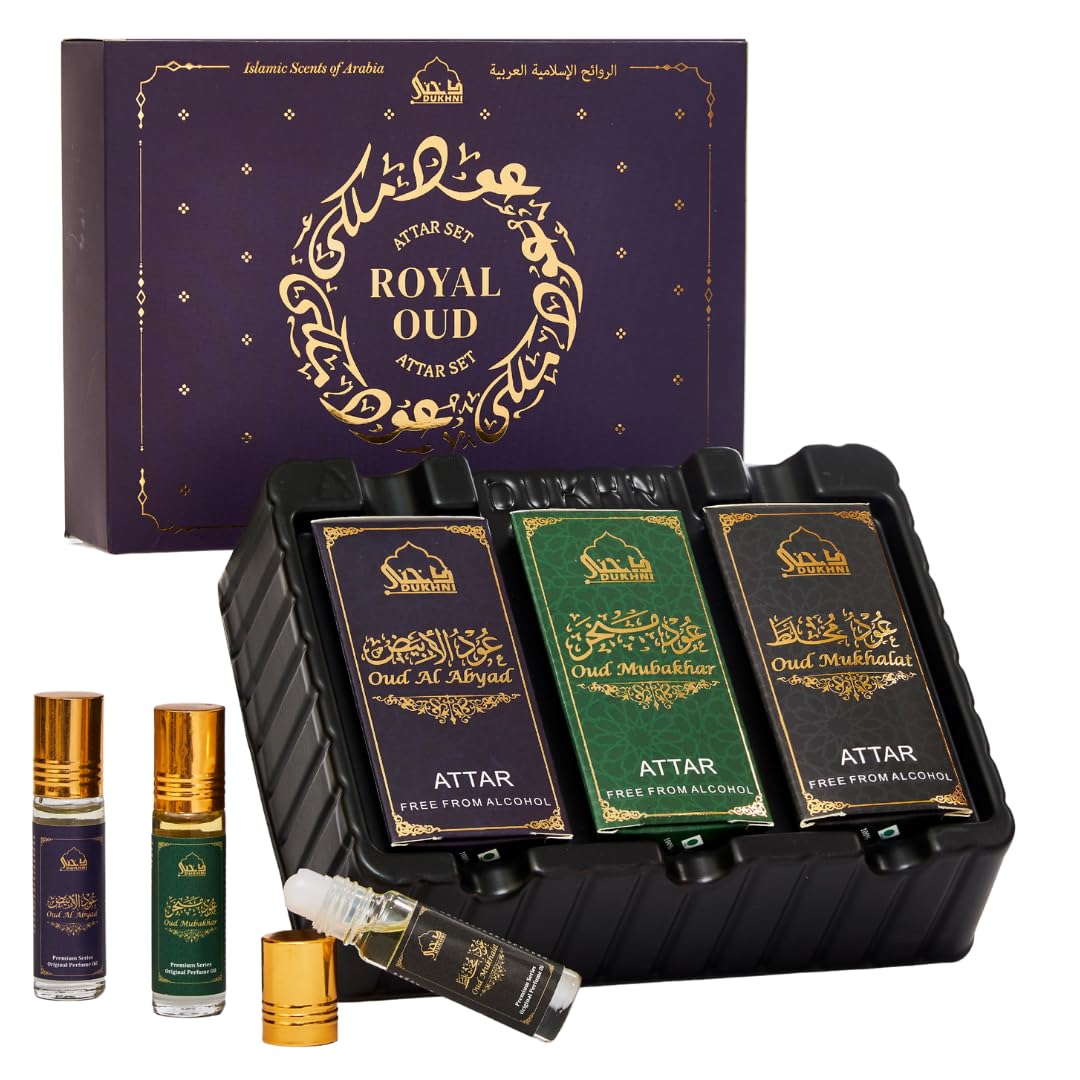 Royal Oud Attar Oil Set by Dukhni | Pure original Oud oil, Islamic fragrances, Eid & Ramadan gifts for men and women | 3 assorted mini roll on perfume