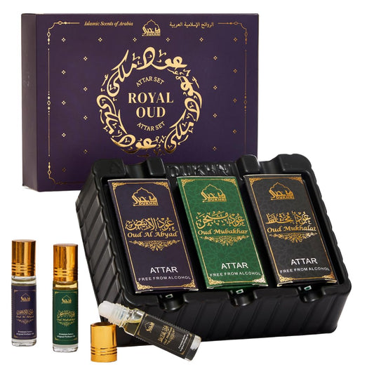 Royal Oud Attar Oil Set by Dukhni | Pure original Oud oil, Islamic fragrances, Eid & Ramadan gifts for men and women | 3 assorted mini roll on perfume