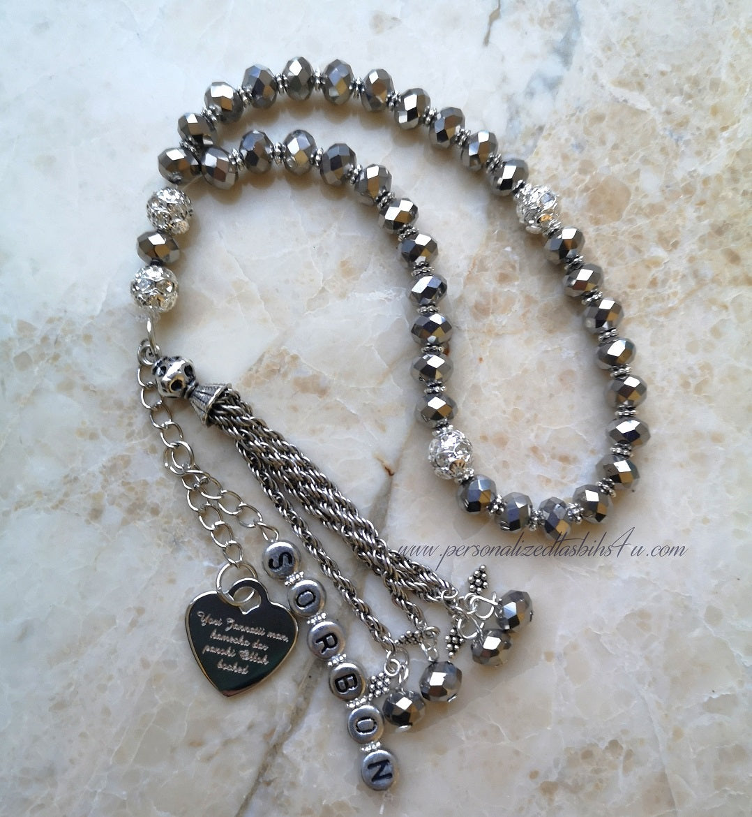 Silver Metallic personalised tasbih prayer beads close up