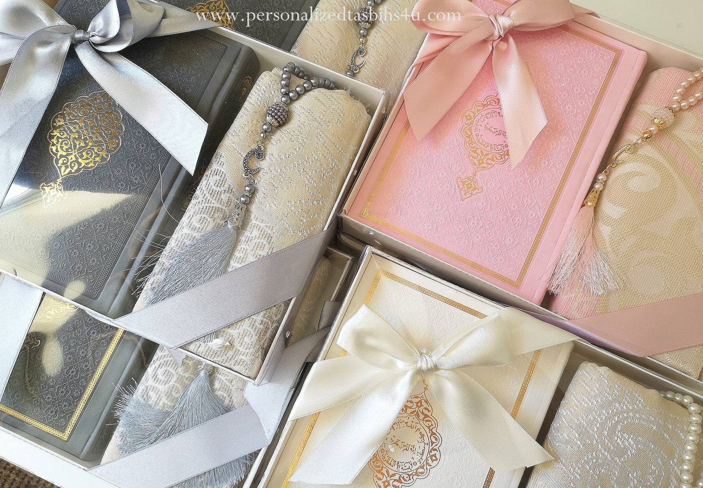 Ibaadah Islamic gift set contents laid out - Quran, prayer mat, tasbih